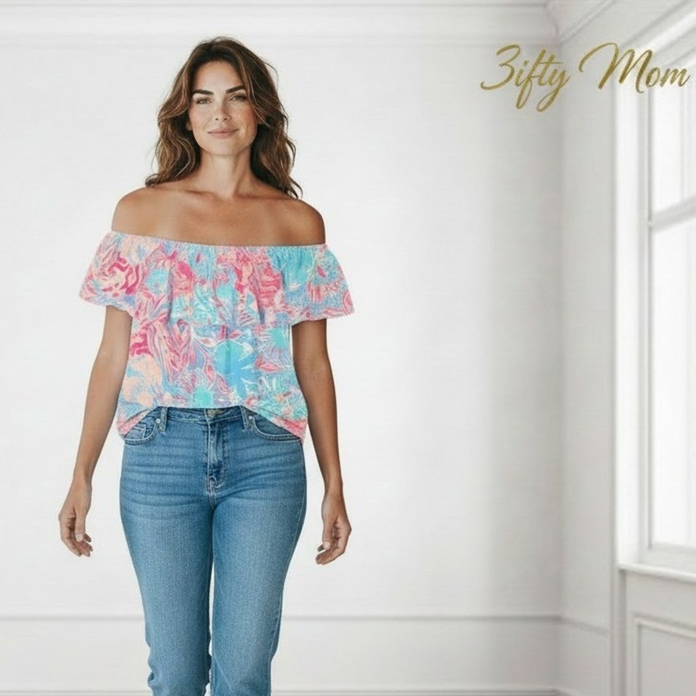 Lilly Pulitzer Lion in the Sun Off The Shoulder Ruffle Top XS Pink Blue Floral